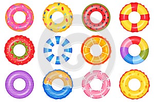 Inflatable ring. Swimming pool circle toys. Donut, rainbow, watermelon, beach life buoy. Summer floating swim rings top