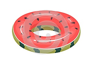 Inflatable rubber ring of fruit shape. Childish summer glossy toy for swimming and fun in water. Watermelon lifesaver