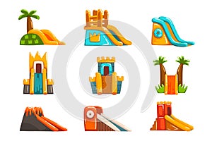 Inflatable slides set, summer amusement park bouncy equipment vector Illustrations on a white background