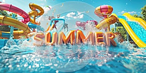 Inflatable & x27;SUMMER& x27; letters float in a waterpark pool, with colorful slides in the background, capturing the