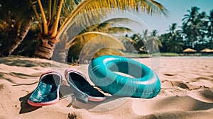 An inflatable swim lap against a backdrop of a beach with sand palm trees and the ocean. Tourist banner.