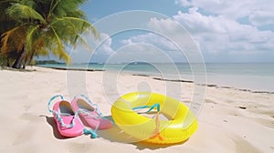 An inflatable swim lap against a backdrop of a beach with sand palm trees and the ocean. Tourist banner.