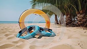 An inflatable swim lap against a backdrop of a beach with sand palm trees and the ocean. Tourist banner.