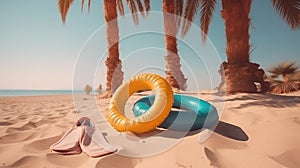 An inflatable swim lap against a backdrop of a beach with sand palm trees and the ocean. Tourist banner.