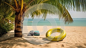 An inflatable swim lap against a backdrop of a beach with sand palm trees and the ocean. Tourist banner.