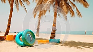 An inflatable swim lap against a backdrop of a beach with sand palm trees and the ocean. Tourist banner.