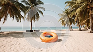 An inflatable swim lap against a backdrop of a beach with sand palm trees and the ocean. Tourist banner.