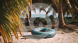 An inflatable swim lap against a backdrop of a beach with sand palm trees and the ocean. Tourist banner.