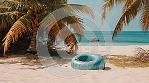 An inflatable swim lap against a backdrop of a beach with sand palm trees and the ocean. Tourist banner.