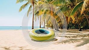 An inflatable swim lap against a backdrop of a beach with sand palm trees and the ocean. Tourist banner.