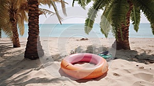 An inflatable swim lap against a backdrop of a beach with sand palm trees and the ocean. Tourist banner.