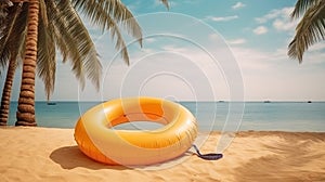 An inflatable swim lap against a backdrop of a beach with sand palm trees and the ocean. Tourist banner.