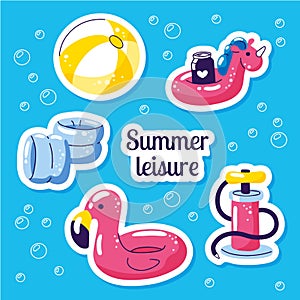 Inflatable swimming float set. Cute water toys flamingo, ball, unicorn floats. Beach party vector summer stickers. Pool