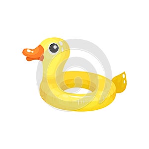 Inflatable swimming ring in shape of funny yellow duck. Floating beach toy. Rubber circle for childrens fun in pool