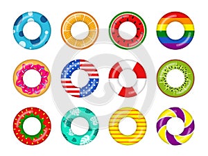 Inflatable swimming rings colorful set isolated on white background, Rubber float pool lifesaver ring with fruits and