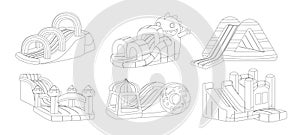 Inflatable Trampoline And Slides Outline Monochrome Icon Set. Air-filled Castle or Dragon Structure for Bouncing