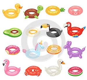 Inflatable vector inflated swimming ring and life-ring in pool for summer vacation illustration set of inflation rubber