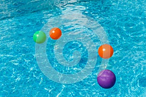 Inflatable water fun balls float on the water in the pool. Concept, cheerful, perky bright colorful summer and relaxation. View