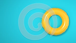 Inflatable yellow swimming ring on blue background. 3D rendered image.