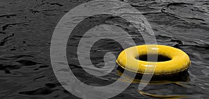 Inflatable yellow swimming ring floating in black oil. Environmental pollution background concept. 3D rendered image.