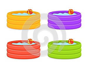 Inflate backyard pool baby plastic flat vector. Portable rubber pool cartoon photo