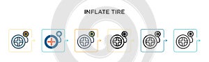 Inflate tire vector icon in 6 different modern styles. Black, two colored inflate tire icons designed in filled, outline, line and