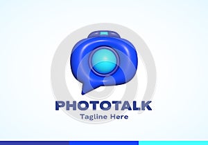Inflated 3D Photo Chat Abstract Vector Logo Template. Modern Style Camera and Talking Cloud Concept Sign. Speech bubble