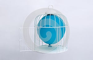 Inflated balloon inside a bird cage