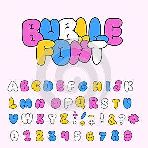 Inflated cartoon balloon alphabet letters and numbers set, plump font design. Modern hand drawn contour vector