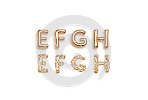 Inflated, deflated gold E F G H letters, balloon font