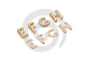 Inflated, deflated gold E F G H letters, balloon font