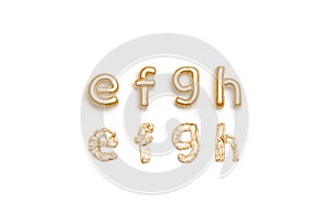 Inflated, deflated gold e f g h letters, balloon font