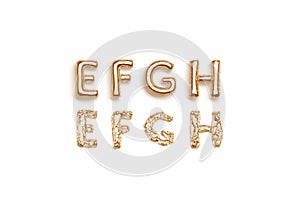 Inflated, deflated gold E F G H letters, balloon font photo