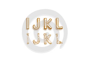 Inflated, deflated gold I J K L letters, balloon font