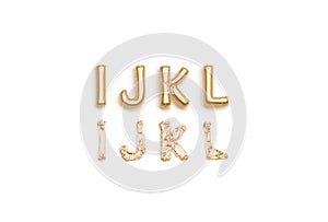 Inflated, deflated gold I J K L letters, balloon font photo