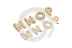 Inflated, deflated gold M N O P letters, balloon font