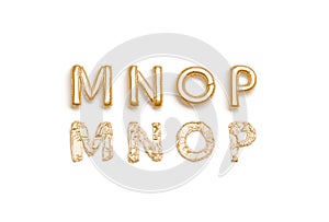 Inflated, deflated gold M N O P letters, balloon font