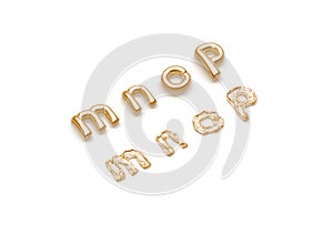 Inflated, deflated gold m n o p letters, balloon font