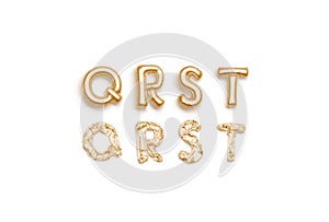 Inflated, deflated gold Q R S T letters, balloon font