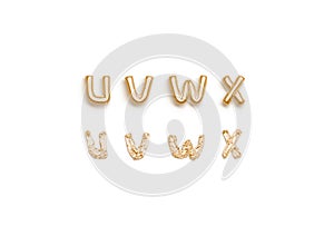 Inflated, deflated gold u v w x letters, balloon font