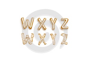 Inflated, deflated gold W X Y Z letters, balloon font