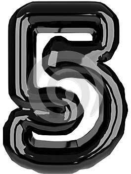 Inflated glossy black mathematics 5 symbol illustration. 3D render of latex bubble five symbol with glint. Graphic math symbol,