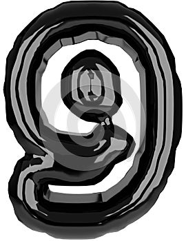Inflated glossy black mathematics 9 symbol illustration. 3D render of latex bubble nine symbol with glint. Graphic math symbol,