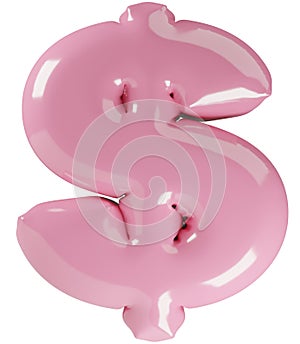 Inflated glossy pink money symbol illustration. 3D render of latex bubble Dollar currency with glint. Graphic math symbol,