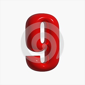 Inflated glossy, red balloon in the shape of a number 9, element, design.