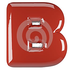 Inflated glossy RED letter B uppercase illustration. 3D render of latex bubble font with glint. Graphic type, typography, ABC