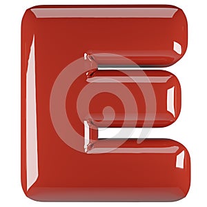 Inflated glossy RED letter E uppercase illustration. 3D render of latex bubble font with glint. Graphic type, typography, ABC