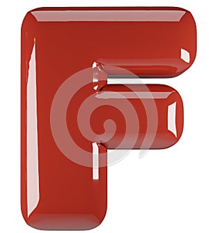 Inflated glossy RED letter F uppercase illustration. 3D render of latex bubble font with glint. Graphic type, typography, ABC