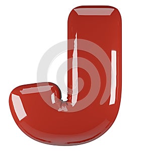 Inflated glossy RED letter J uppercase illustration. 3D render of latex bubble font with glint. Graphic type, typography, ABC