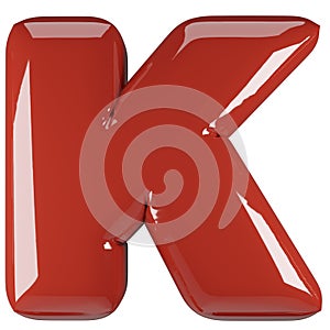 Inflated glossy RED letter K uppercase illustration. 3D render of latex bubble font with glint. Graphic type, typography, ABC